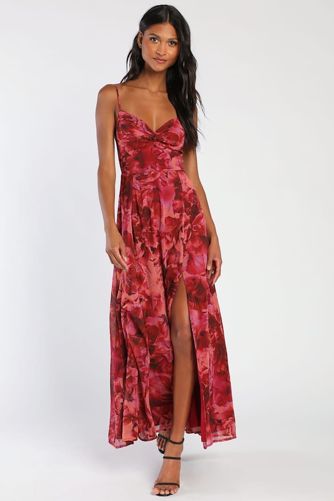 Nwt Lulus Beautiful Soul Burgundy Floral Print Twist-Front Maxi Dress Cruise S